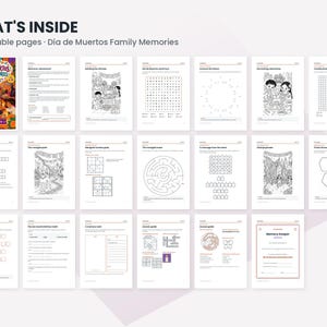 May include: A digital activity book titled D&iacute;a de Muertos Family Memories featuring 20 printable pages. The collection includes black and white worksheets with word searches, mazes, crossword puzzles, coloring pages, and memory keeper templates.