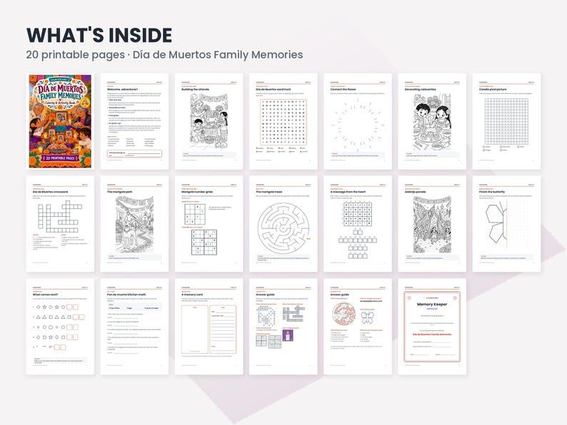 May include: A digital activity book titled D&iacute;a de Muertos Family Memories featuring 20 printable pages. The collection includes black and white worksheets with word searches, mazes, crossword puzzles, coloring pages, and memory keeper templates.