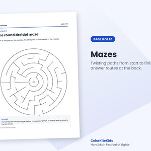May include: A white activity page titled The round dreidel maze with black lines forming a circular puzzle. Text includes ColorKiteKids, ages 6-10, maze level 3, and instructions to find the path to the dreidel in the middle.