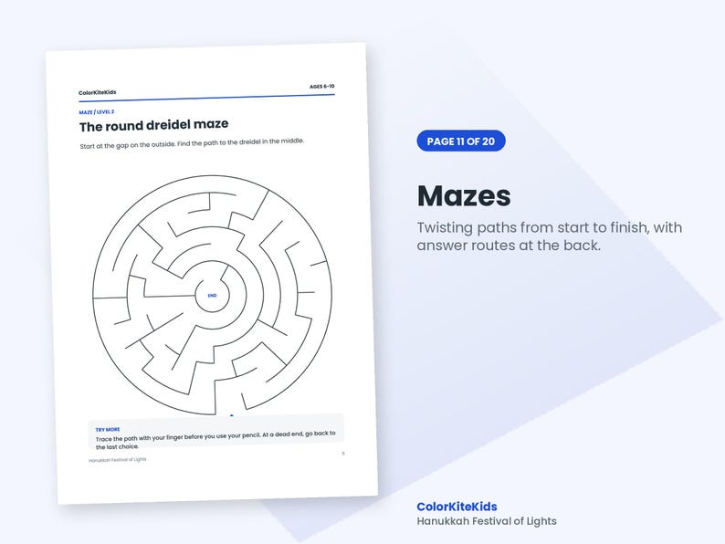 May include: A white activity page titled The round dreidel maze with black lines forming a circular puzzle. Text includes ColorKiteKids, ages 6-10, maze level 3, and instructions to find the path to the dreidel in the middle.