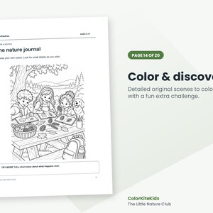 May include: A coloring page titled The nature journal featuring three children sitting at a picnic table with a dog, leaves, and pinecones. The text includes ColorKiteKids, AGES 8-10, and TRY MORE Tell a short story about what happens next.