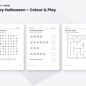 May include: Three activity pages from the Happy Halloween &ndash; Colour & Play book. The pages feature a Spooky word hunt, a Count the pumpkins exercise with empty boxes for answers, and a maze with a start and finish point labeled in black ink.