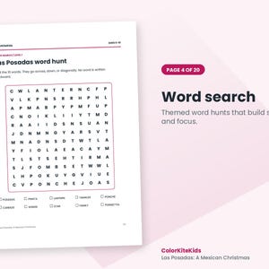 Może przedstawiać: Biała karta pracy zatytułowana Las Posadas word hunt z siatką liter i listą dziesięciu sł&oacute;w do znalezienia, w tym Posadas, Pinata, Lantern, Tamales, Ponche, Candles, Songs, Star, Family i Poinsettia, oznaczona jako ColorKiteKids.