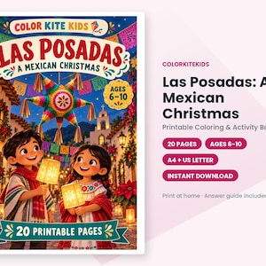 Może przedstawiać: Drukarka kolorowanka i książka z zadaniami pod tytułem Las Posadas: A Mexican Christmas, zawierająca kolorową ilustrację dwojga dzieci trzymających świecące lampiony pod gwiazdopodobną piniatą na świątecznej ulicy, licząca 20 stron.
