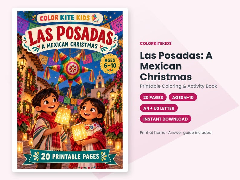 Może przedstawiać: Drukarka kolorowanka i książka z zadaniami pod tytułem Las Posadas: A Mexican Christmas, zawierająca kolorową ilustrację dwojga dzieci trzymających świecące lampiony pod gwiazdopodobną piniatą na świątecznej ulicy, licząca 20 stron.