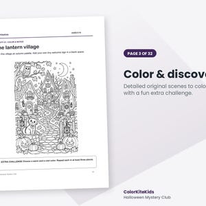 May include: A black and white coloring page titled The lantern village featuring houses, a cat, pumpkins, and an owl. The text reads Color & discover, Page 3 of 32, and includes an extra challenge to choose a warm and a cool color for the scene.