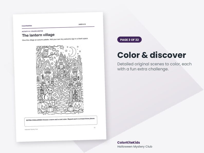 May include: A black and white coloring page titled The lantern village featuring houses, a cat, pumpkins, and an owl. The text reads Color & discover, Page 3 of 32, and includes an extra challenge to choose a warm and a cool color for the scene.