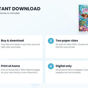 May include: A digital coloring and activity book titled Mermaid Lagoon Adventures featuring two mermaids and a sea turtle on the cover. The graphic includes four numbered steps explaining the instant download process for A4 and US Letter PDFs.