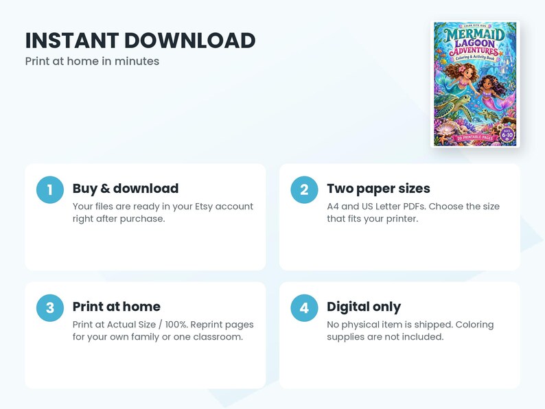 May include: A digital coloring and activity book titled Mermaid Lagoon Adventures featuring two mermaids and a sea turtle on the cover. The graphic includes four numbered steps explaining the instant download process for A4 and US Letter PDFs.
