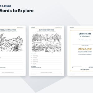 K&ouml;nnte beinhalten: Drei Seiten aus einem Buch mit dem Titel 100 Words to Explore. Die erste Seite zeigt Woodland Treasures mit Strichzeichnungen von Farn, Baumstamm und Eichel. Die zweite Seite zeigt Our Neighborhood mit Geb&auml;uden. Die dritte ist eine Leistungsurkunde.