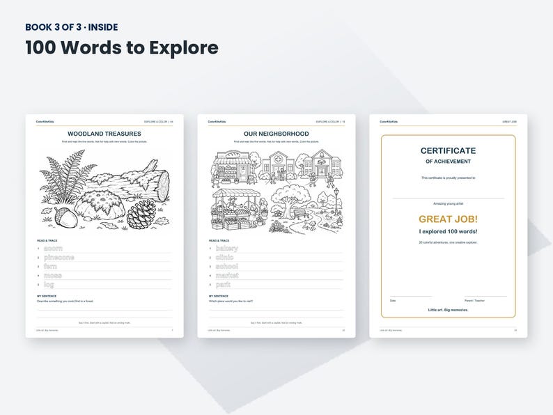 K&ouml;nnte beinhalten: Drei Seiten aus einem Buch mit dem Titel 100 Words to Explore. Die erste Seite zeigt Woodland Treasures mit Strichzeichnungen von Farn, Baumstamm und Eichel. Die zweite Seite zeigt Our Neighborhood mit Geb&auml;uden. Die dritte ist eine Leistungsurkunde.