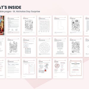 May include: A digital collection of 20 printable activity pages titled St. Nicholas Day Surprise. The set includes black and white worksheets featuring word searches, mazes, coloring pages, number grids, and a kindness certificate for children.
