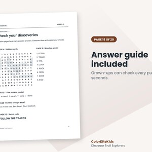 May include: A white document titled ColorKiteKids Dinosaur Trail Explorers featuring an answer guide for pages 4, 7, 8, 11, and 12. The text includes a word search grid, lists of mixed-up words, and solutions for various activity puzzles.