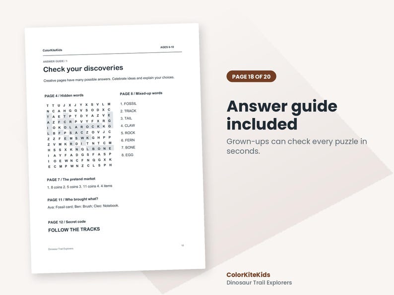 May include: A white document titled ColorKiteKids Dinosaur Trail Explorers featuring an answer guide for pages 4, 7, 8, 11, and 12. The text includes a word search grid, lists of mixed-up words, and solutions for various activity puzzles.