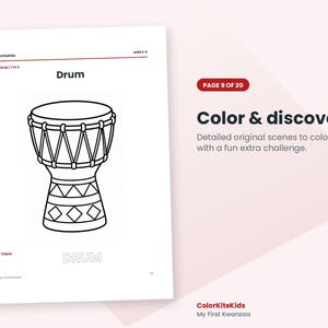 May include: A black and white coloring page featuring a djembe drum illustration with a geometric pattern at the base. The text reads Drum, Color & discover, Detailed original scenes to color, each with a fun extra challenge, and ColorKiteKids.