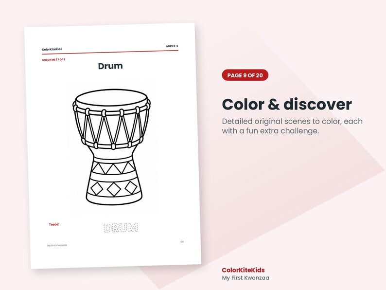 May include: A black and white coloring page featuring a djembe drum illustration with a geometric pattern at the base. The text reads Drum, Color & discover, Detailed original scenes to color, each with a fun extra challenge, and ColorKiteKids.