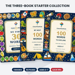 K&ouml;nnte beinhalten: Die Drei-B&uuml;cher-Starter-Kollektion umfasst drei Mal- und Nachzeichnungsb&uuml;cher mit den Titeln My First 30 Words, My Next 100 Words und 100 Words to Explore. Jedes Buch hat einen dunkelblauen Einband mit bunten Illustrationen und p&auml;dagogischem Text.