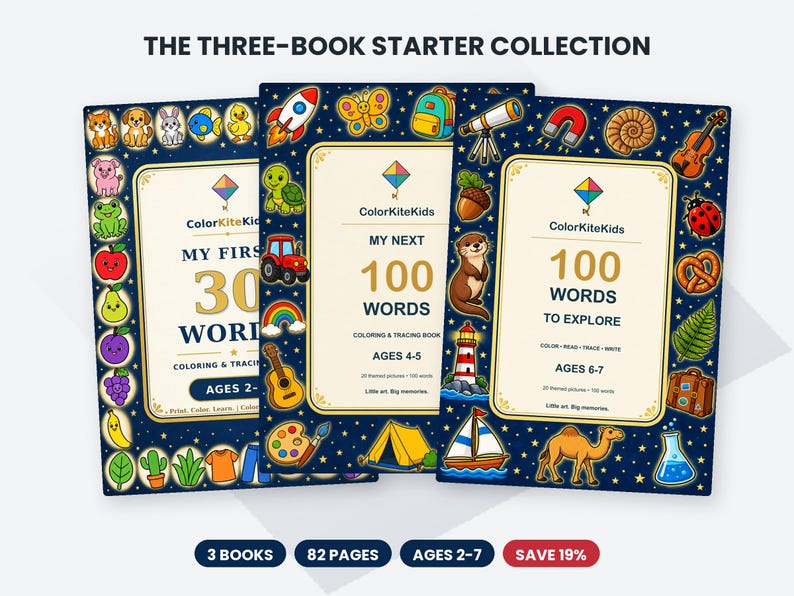 K&ouml;nnte beinhalten: Die Drei-B&uuml;cher-Starter-Kollektion umfasst drei Mal- und Nachzeichnungsb&uuml;cher mit den Titeln My First 30 Words, My Next 100 Words und 100 Words to Explore. Jedes Buch hat einen dunkelblauen Einband mit bunten Illustrationen und p&auml;dagogischem Text.