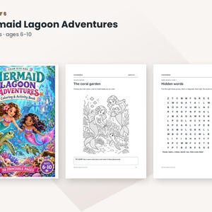 May include: A Mermaid Lagoon Adventures colouring and activity book with 20 pages for ages 6-10. The cover features two mermaids and sea turtles in a colourful coral reef. Interior pages show a black and white coral garden scene and a word search puzzle.