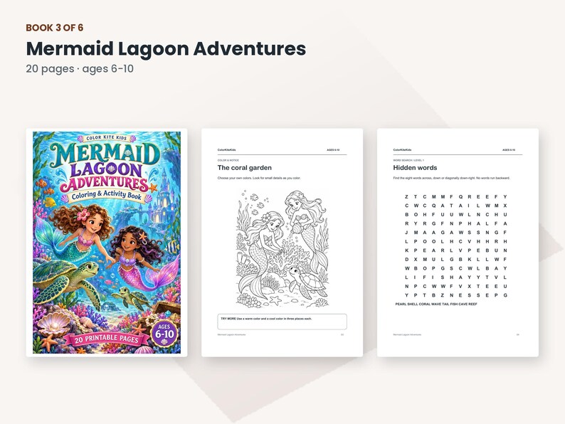 May include: A Mermaid Lagoon Adventures colouring and activity book with 20 pages for ages 6-10. The cover features two mermaids and sea turtles in a colourful coral reef. Interior pages show a black and white coral garden scene and a word search puzzle.