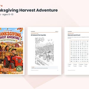 May include: A Thanksgiving Harvest Adventure coloring and activity book with 20 pages for ages 6-10. The cover features a red tractor pulling a hay wagon with children, while interior pages show a hayride coloring scene and a harvest word hunt puzzle.