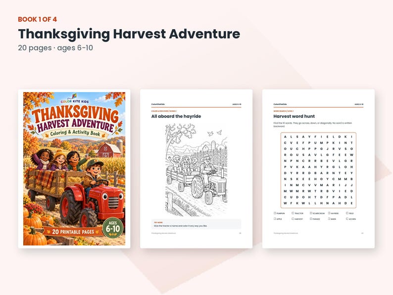 May include: A Thanksgiving Harvest Adventure coloring and activity book with 20 pages for ages 6-10. The cover features a red tractor pulling a hay wagon with children, while interior pages show a hayride coloring scene and a harvest word hunt puzzle.