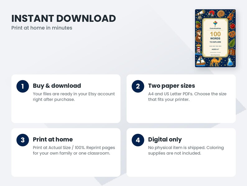 May include: A digital educational colouring book titled 100 Words to Explore for ages 6-7, featuring a dark blue border with colourful illustrations of objects like a telescope, camel, and lighthouse, presented with four instructional steps.