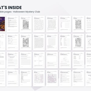 May include: A collection of 32 printable pages titled Halloween Mystery Club, featuring black and white activity sheets including mazes, word searches, coloring pages, and writing prompts with various grids and lines on white paper.
