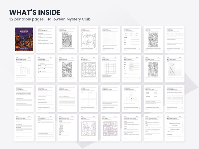 May include: A collection of 32 printable pages titled Halloween Mystery Club, featuring black and white activity sheets including mazes, word searches, coloring pages, and writing prompts with various grids and lines on white paper.