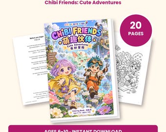 Peut inclure: Un livre de coloriage numérique de 20 pages intitulé Chibi Friends: Cute Adventures avec une illustration de couverture montrant deux personnages de style anime et une créature. Inclut une page de texte et une page de coloriage.