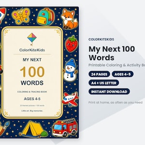 Pode incluir: Um livro de colorir e atividades imprim&iacute;vel intitulado My Next 100 Words da ColorKiteKids. A capa apresenta um fundo azul escuro com estrelas amarelas e ilustra&ccedil;&otilde;es de desenho animado de um foguete, borboleta, mochila, raposa, tartaruga, trator, arco-&iacute;ris, guitarra, paleta, barraca, caminh&atilde;o de bombeiros, morango, boneco de neve e avi&atilde;o.