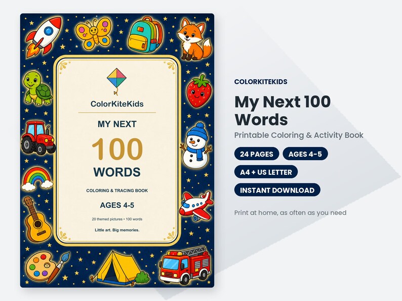 Pode incluir: Um livro de colorir e atividades imprim&iacute;vel intitulado My Next 100 Words da ColorKiteKids. A capa apresenta um fundo azul escuro com estrelas amarelas e ilustra&ccedil;&otilde;es de desenho animado de um foguete, borboleta, mochila, raposa, tartaruga, trator, arco-&iacute;ris, guitarra, paleta, barraca, caminh&atilde;o de bombeiros, morango, boneco de neve e avi&atilde;o.