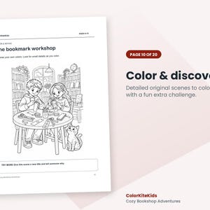May include: A black and white coloring page titled The bookmark workshop featuring two children sitting at a round table crafting bookmarks with a cat nearby. The page includes text ColorKiteKids, AGES 6-10, and a challenge box labeled TRY MORE.