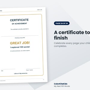 Pode incluir: Um certificado de conquista branco com borda dourada, apresentando o texto 'CERTIFICATE OF ACHIEVEMENT', 'GREAT JOB!', 'I explored 100 words!', '20 colorful adventures, one creative explorer' e 'Little art. Big memories.' com linhas para data e assinatura.