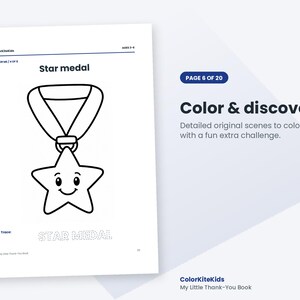 K&ouml;nnte beinhalten: Eine Malvorlage mit dem Titel Star medal zeigt eine Strichzeichnung einer l&auml;chelnden sternf&ouml;rmigen Medaille an einem Band. Der Text Color & discover, Page 6 of 20, und das Wort STAR MEDAL in gepunkteter Schrift sind auf dem Blatt zu sehen.