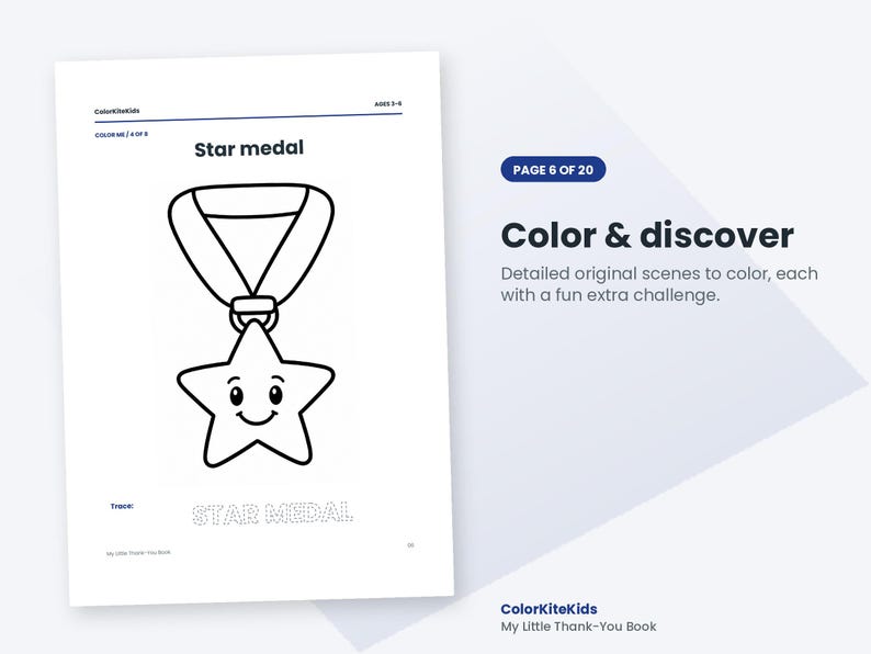 K&ouml;nnte beinhalten: Eine Malvorlage mit dem Titel Star medal zeigt eine Strichzeichnung einer l&auml;chelnden sternf&ouml;rmigen Medaille an einem Band. Der Text Color & discover, Page 6 of 20, und das Wort STAR MEDAL in gepunkteter Schrift sind auf dem Blatt zu sehen.