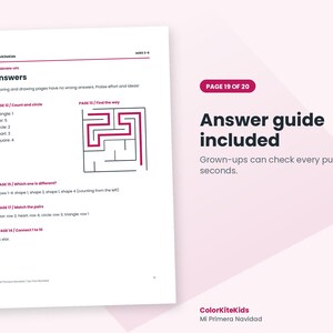May include: A white page titled Answers for grown-ups, featuring text and a maze diagram with a red path. The page includes lists of solutions for various activities like counting shapes and matching pairs, labeled with page numbers and headings.