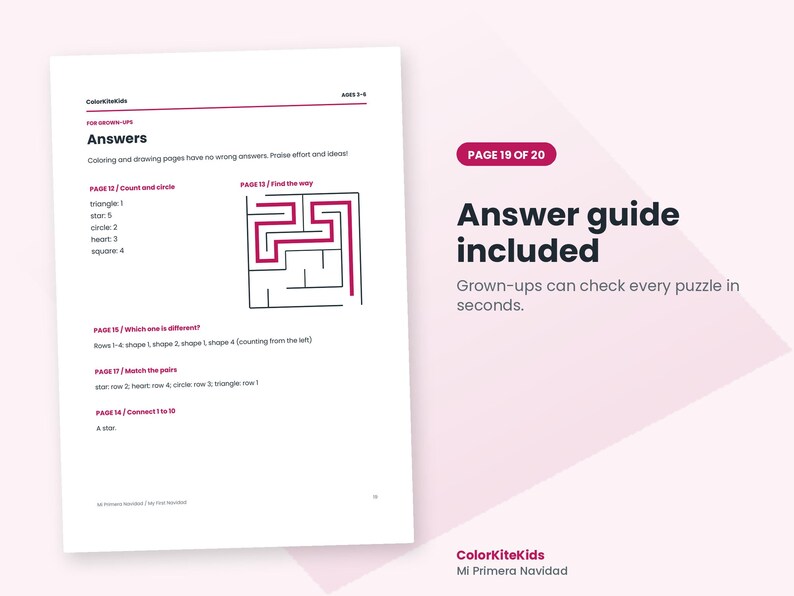 May include: A white page titled Answers for grown-ups, featuring text and a maze diagram with a red path. The page includes lists of solutions for various activities like counting shapes and matching pairs, labeled with page numbers and headings.