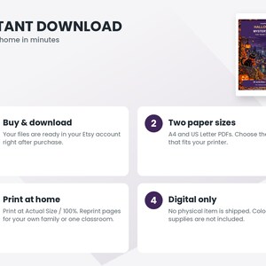 May include: A digital download guide for a Halloween Mystery Club activity set. The graphic features four numbered steps: Buy & download, Two paper sizes, Print at home, and Digital only, with a thumbnail of the purple Halloween cover.