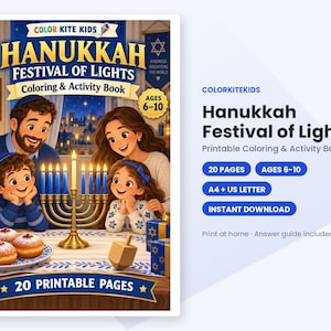May include: A Hanukkah Festival of Lights coloring and activity book cover featuring a family gathered around a lit menorah, sufganiyot, and a dreidel. The text reads Color Kite Kids, Hanukkah Festival of Lights, Ages 6-10, and 20 Printable Pages.