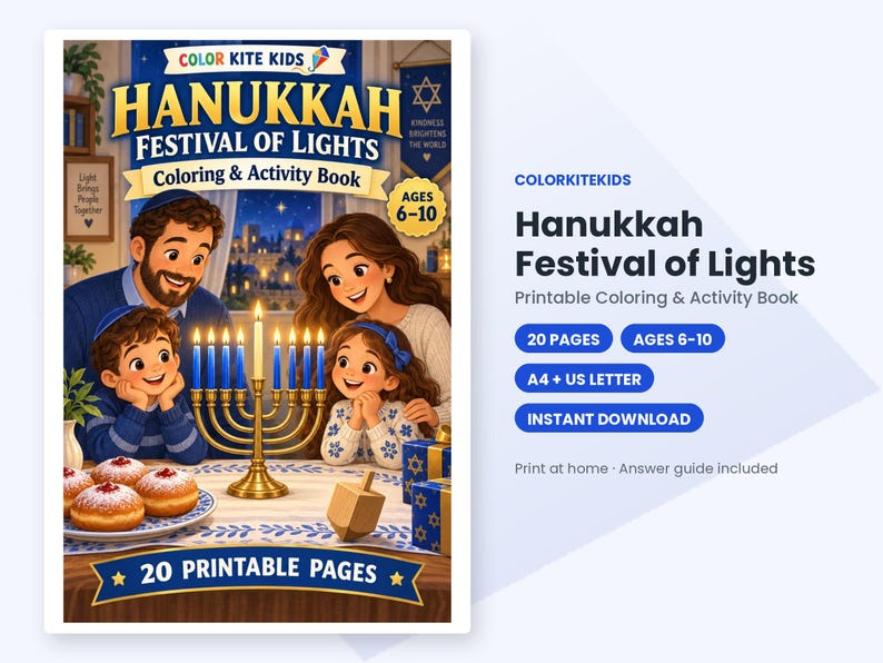 May include: A Hanukkah Festival of Lights coloring and activity book cover featuring a family gathered around a lit menorah, sufganiyot, and a dreidel. The text reads Color Kite Kids, Hanukkah Festival of Lights, Ages 6-10, and 20 Printable Pages.
