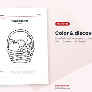 May include: A white coloring page titled Fruit basket featuring a line drawing of a basket filled with an apple, an orange, a banana, and grapes. Below the basket, the text FRUIT BASKET is written in a dotted font for tracing.
