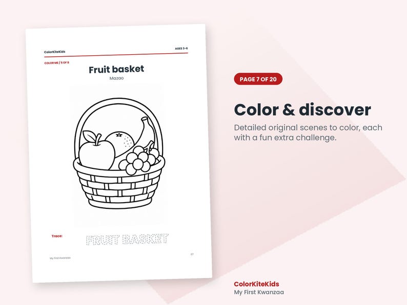 May include: A white coloring page titled Fruit basket featuring a line drawing of a basket filled with an apple, an orange, a banana, and grapes. Below the basket, the text FRUIT BASKET is written in a dotted font for tracing.