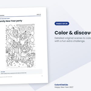 May include: A black and white coloring page titled Family New Year party featuring a family of four, a dog, and a cat wearing party hats. The scene includes balloons, streamers, and fireworks visible through a window. Text includes ColorKiteKids, Ages 6-10, and Try more: Draw a party hat on everyone who does not have one.