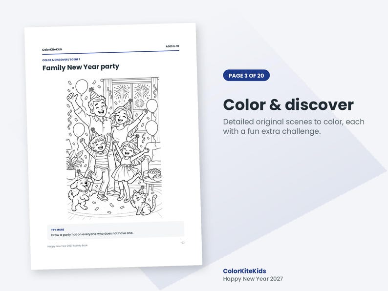May include: A black and white coloring page titled Family New Year party featuring a family of four, a dog, and a cat wearing party hats. The scene includes balloons, streamers, and fireworks visible through a window. Text includes ColorKiteKids, Ages 6-10, and Try more: Draw a party hat on everyone who does not have one.