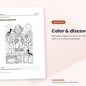 May include: A black and white coloring page titled Build a scarecrow featuring two children interacting with a scarecrow in a field with a barn, sun, and crows. The page includes the text ColorKiteKids, Ages 6-10, and Try more: Design a fun pattern for the scarecrow's shirt.
