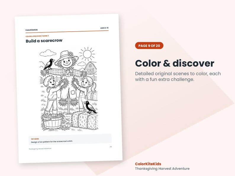May include: A black and white coloring page titled Build a scarecrow featuring two children interacting with a scarecrow in a field with a barn, sun, and crows. The page includes the text ColorKiteKids, Ages 6-10, and Try more: Design a fun pattern for the scarecrow's shirt.
