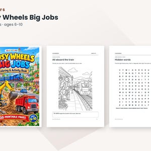 May include: A colouring and activity book titled Busy Wheels Big Jobs with 20 printable pages for ages 6-10. The cover features a yellow excavator, a red dump truck, and a blue train. Interior pages show a train station scene and a word search puzzle.