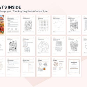 May include: A digital collection of 20 printable pages titled Thanksgiving Harvest Adventure, featuring a variety of activity sheets including coloring pages, word searches, mazes, number grids, and a certificate of completion for children.