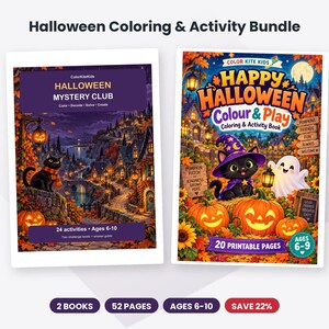 May include: A Halloween coloring and activity bundle featuring two books. The first book is titled Halloween Mystery Club, and the second is Happy Halloween Colour & Play. Both books feature illustrations of cats, pumpkins, and ghosts in autumn settings.